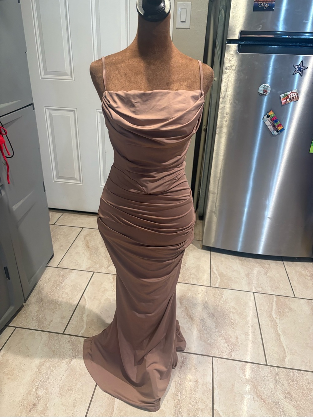 Elegant Ruched Cowl Neck Maxi Dress in Dusty Rose